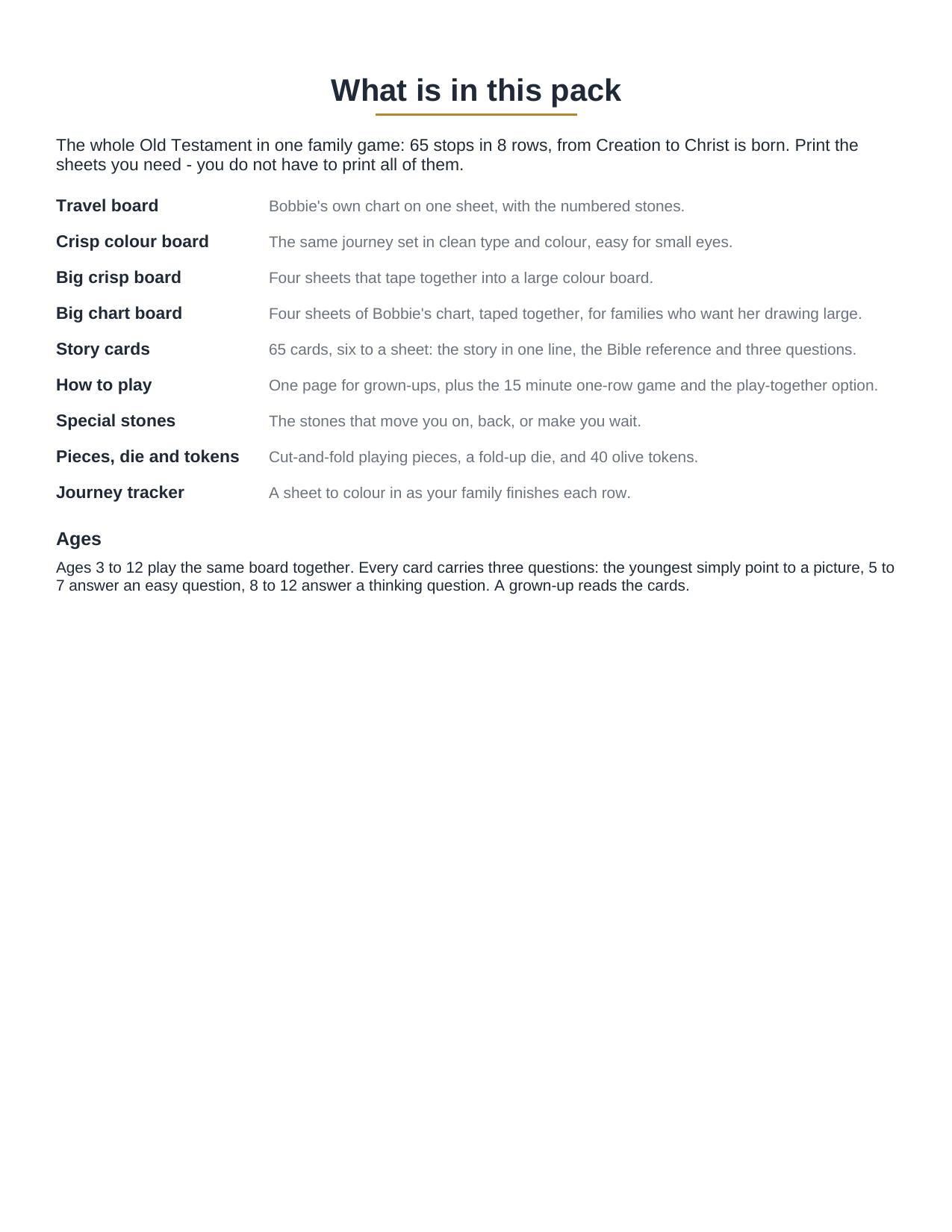 Contents page showing everything included in The Old Testament Journey printable game